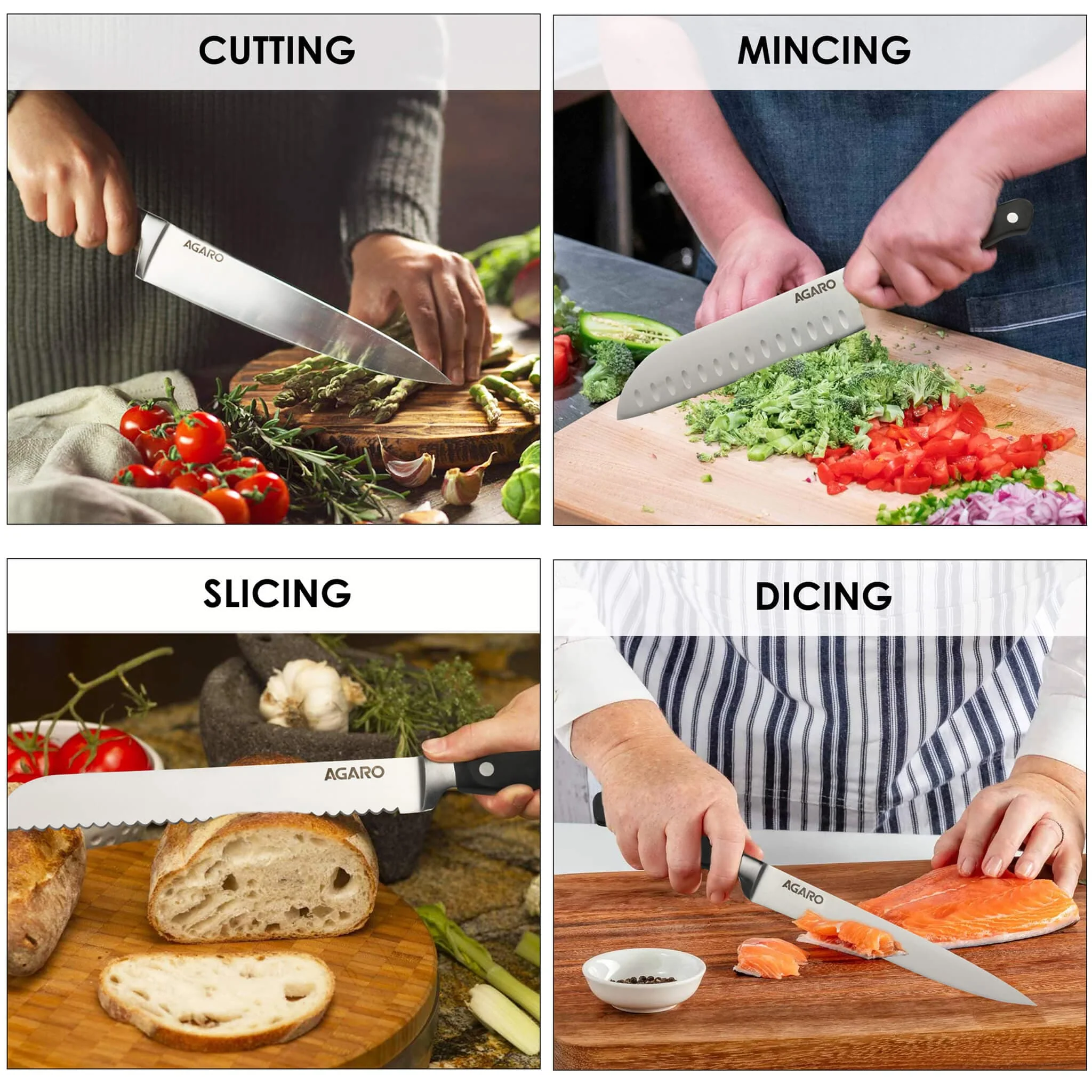 Galaxy 9 Pcs Kitchen Knives Set with Wooden Case, 7 Knives, 1 Knife Sharpener, 1 Wooden Case, High Carbon Stainless Steel, Non Slip Triple Rivet Strong Handle, Cooking, Cutting, Slicing, Silver - Image 6