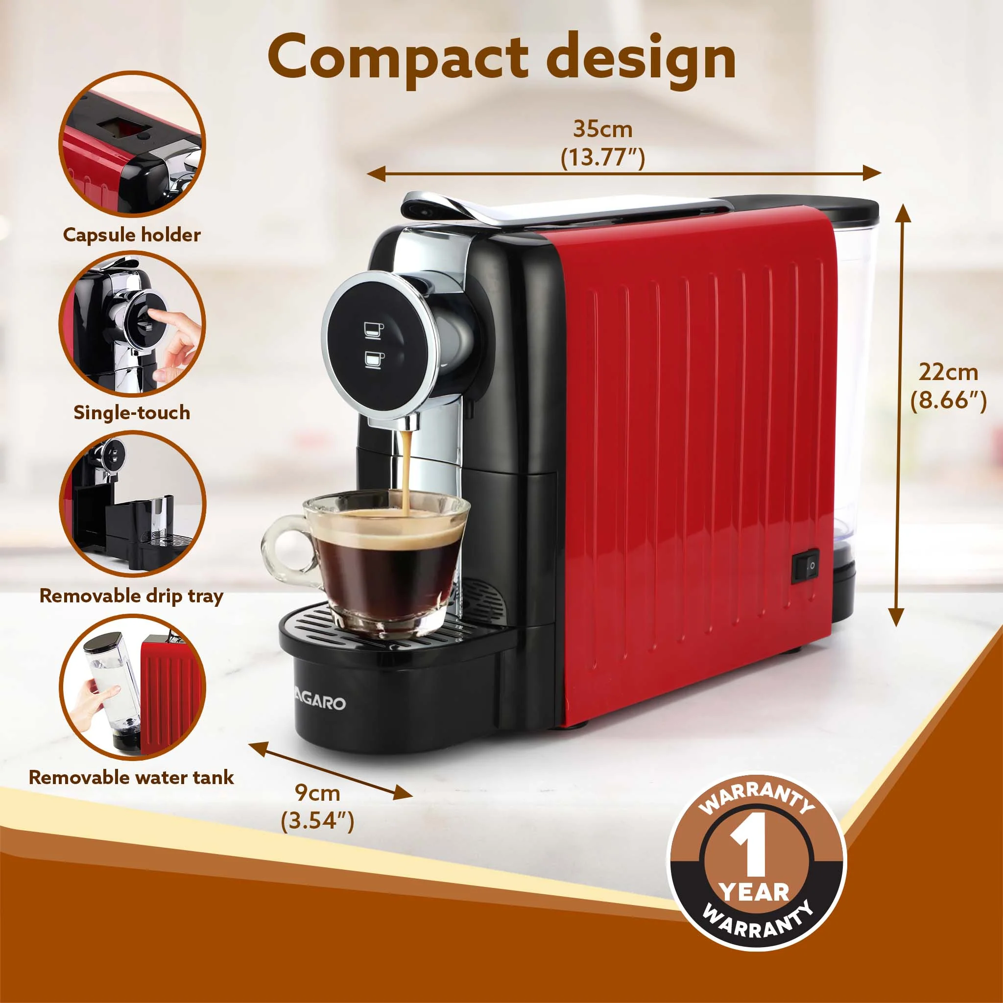 Galaxy Espresso Coffee Maker Single Serve Coffee Maker, Powerful 20 Bar Pressure, 650ml Water Tank, Automatic Temperature Control, Custom Brewing Volume, Anti Drip, Metal Body, Red - Image 6