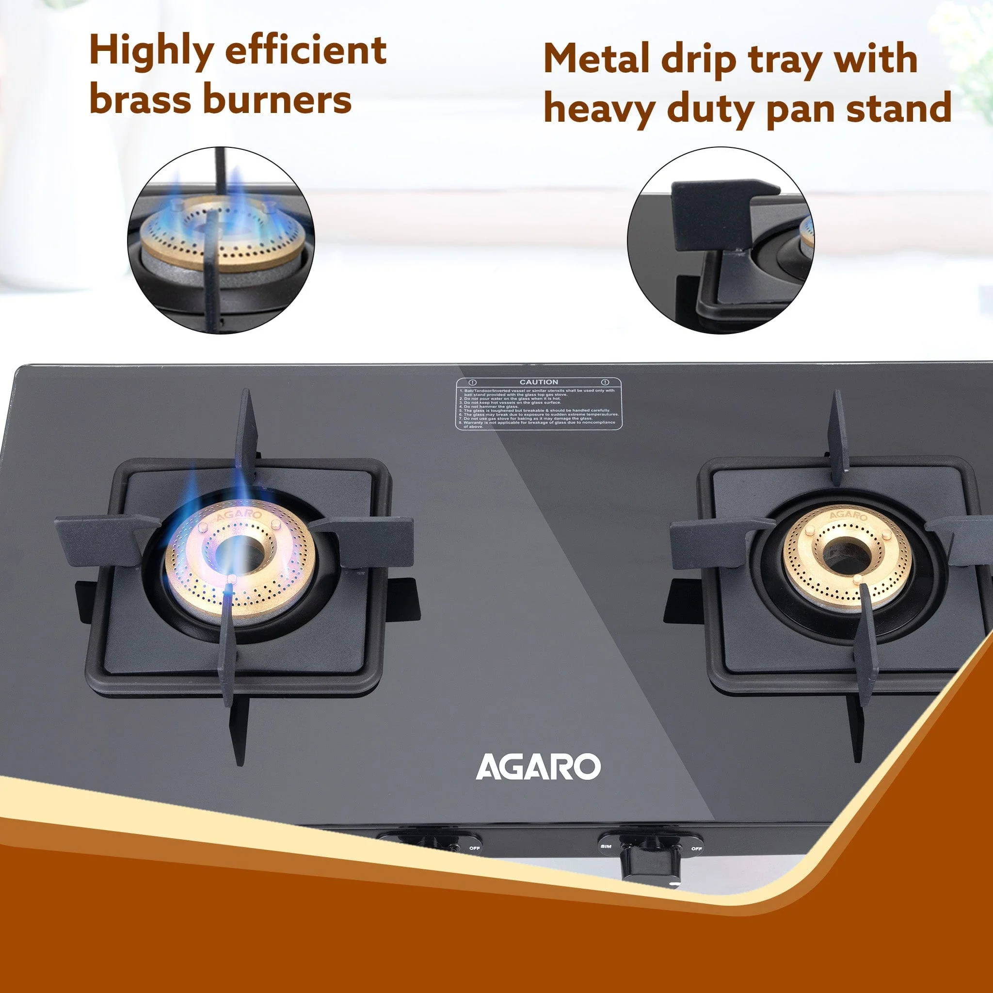 Regency 2 Burners Gas Stove, Toughened Glass Top, Brass Burners, 1 Small & 1 Medium Size Burner, Spill Proof Removable Drip Tray Manual Ignition, Kitchen Use, Regular Cooking Use, Black - Image 3