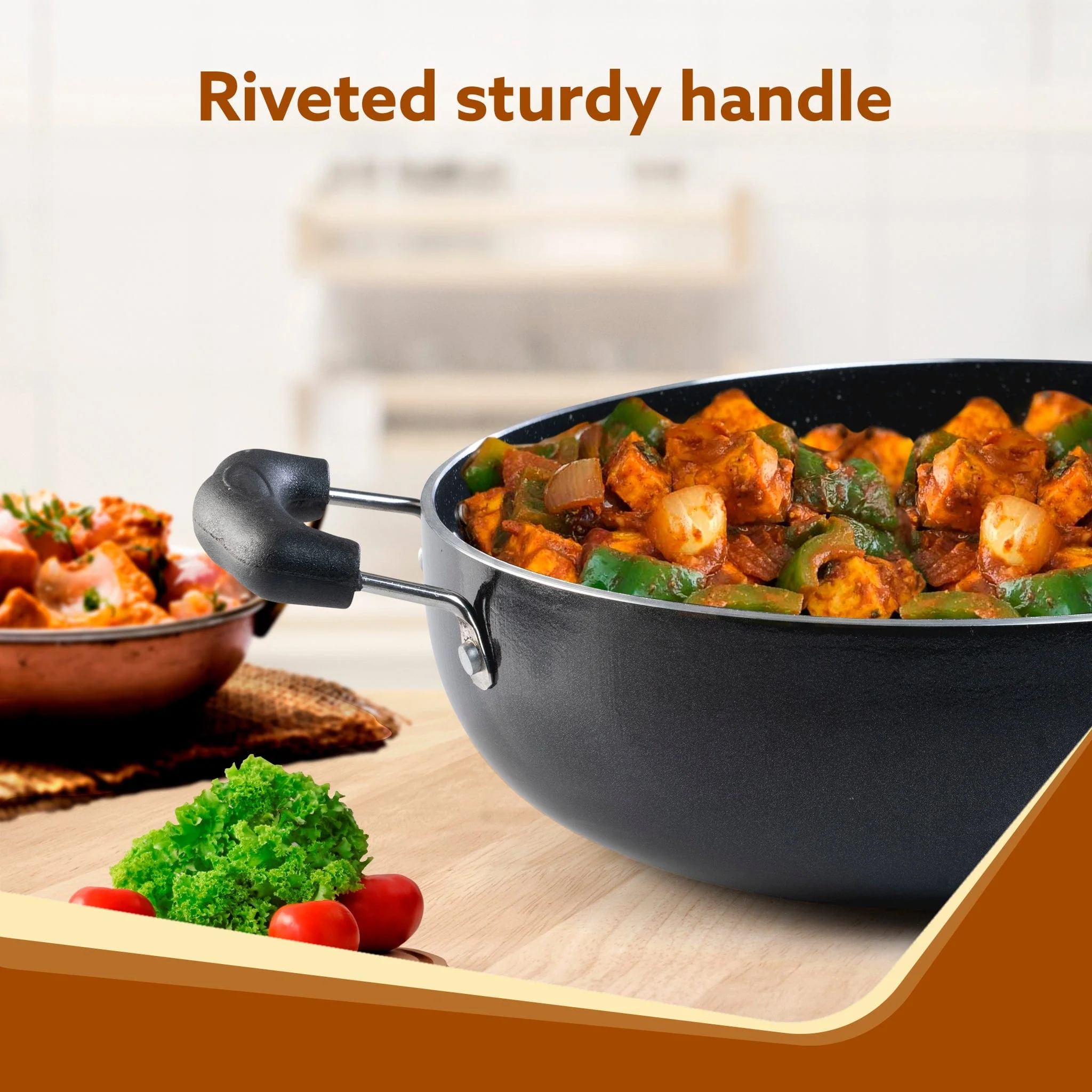 Elegant Non Stick Kadai with Glass Lid, 3.5L Capacity, 26 cm Diameter, Induction & Gas Oven Friendly, 3mm Thick, Riveted Cool Touch Handle, Granite Finish,  PFOA Free, Cooking, Frying, Serving, cookware, Black - Image 4
