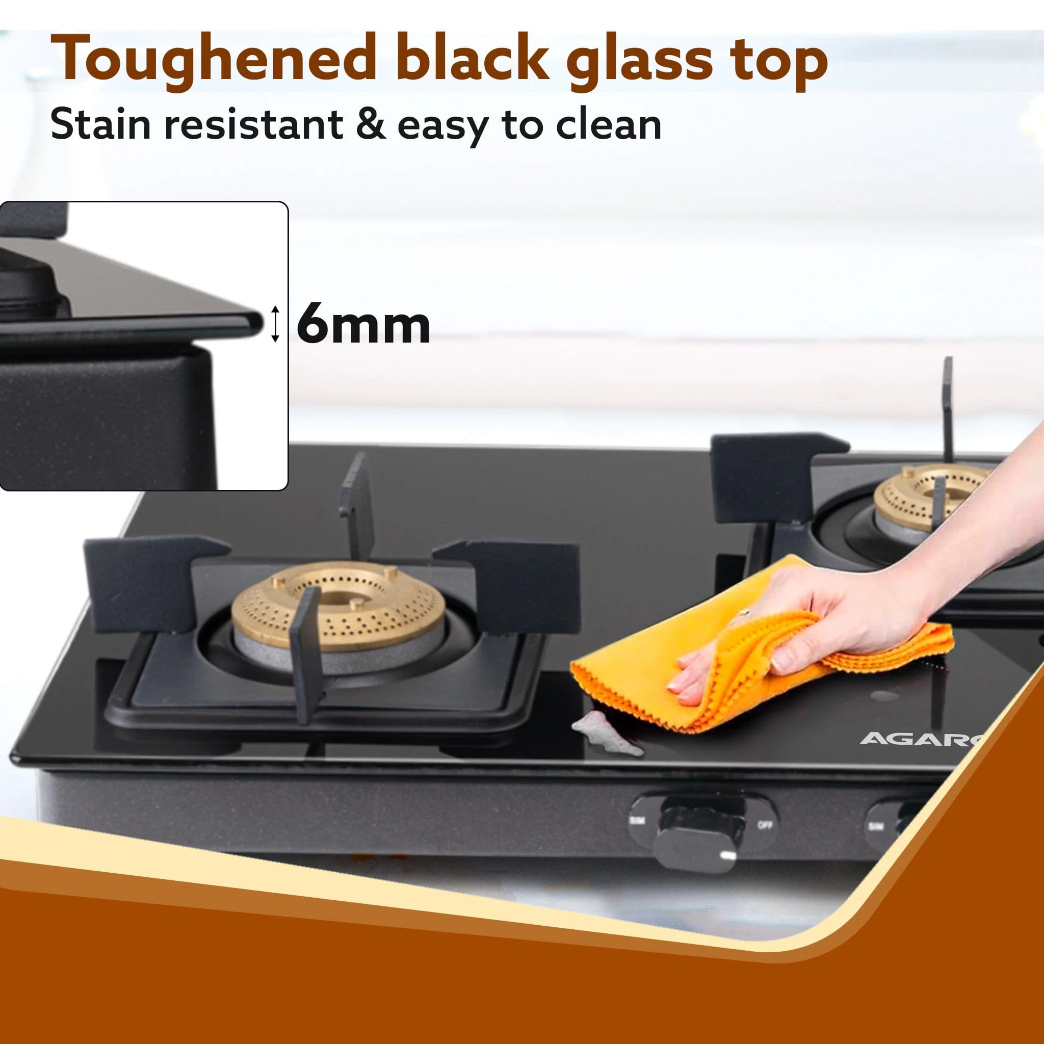 Elite 3 Burners Gas Stove, Toughened Glass Top, Brass Burners, 1 Small, 1 Medium & 1 Big Size Burner, Spill Proof  Removable Drip Tray, Manual Ignition, Kitchen Use, Regular Cooking Use, Black - Image 3