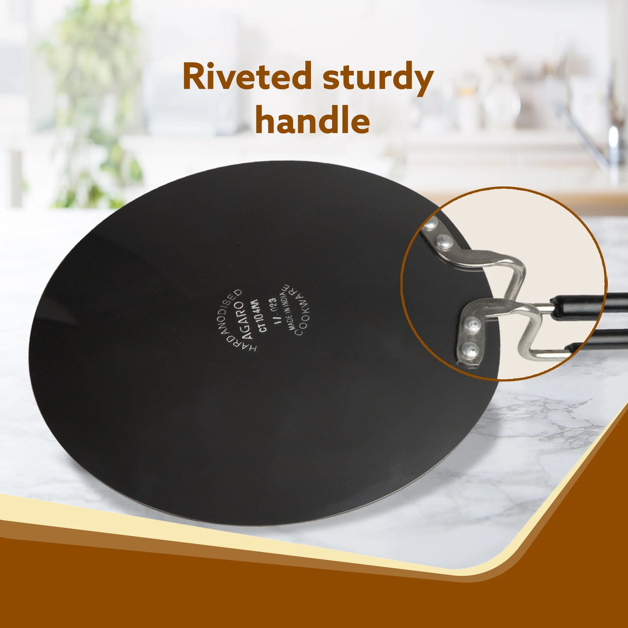 Elite Hard Anodised Tawa, 28cm  diameter, Riveted handle, 3 mm thick plate, Gas Oven Compatible, Cooking, Cookware, Black - Image 4