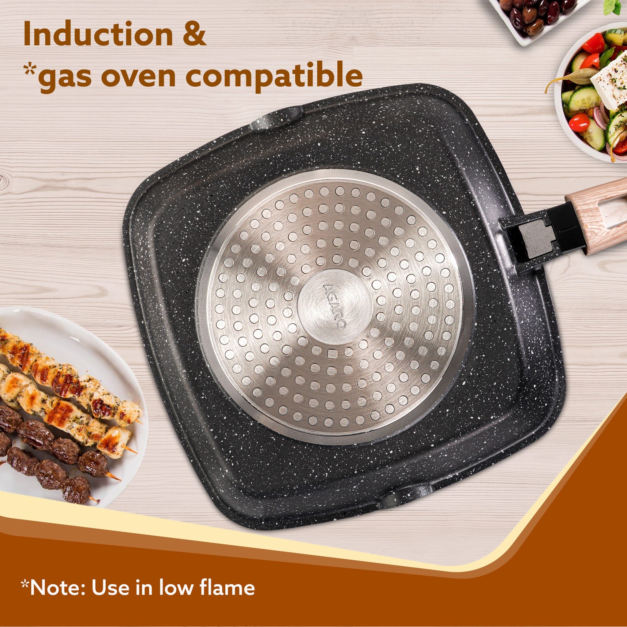 Imperial Granite Non Stick Grill pan with Glass Lid, 1.8L/ 24cm, Cast Aluminium Body, Gas & Induction Compatible, Dark Grey - Image 4