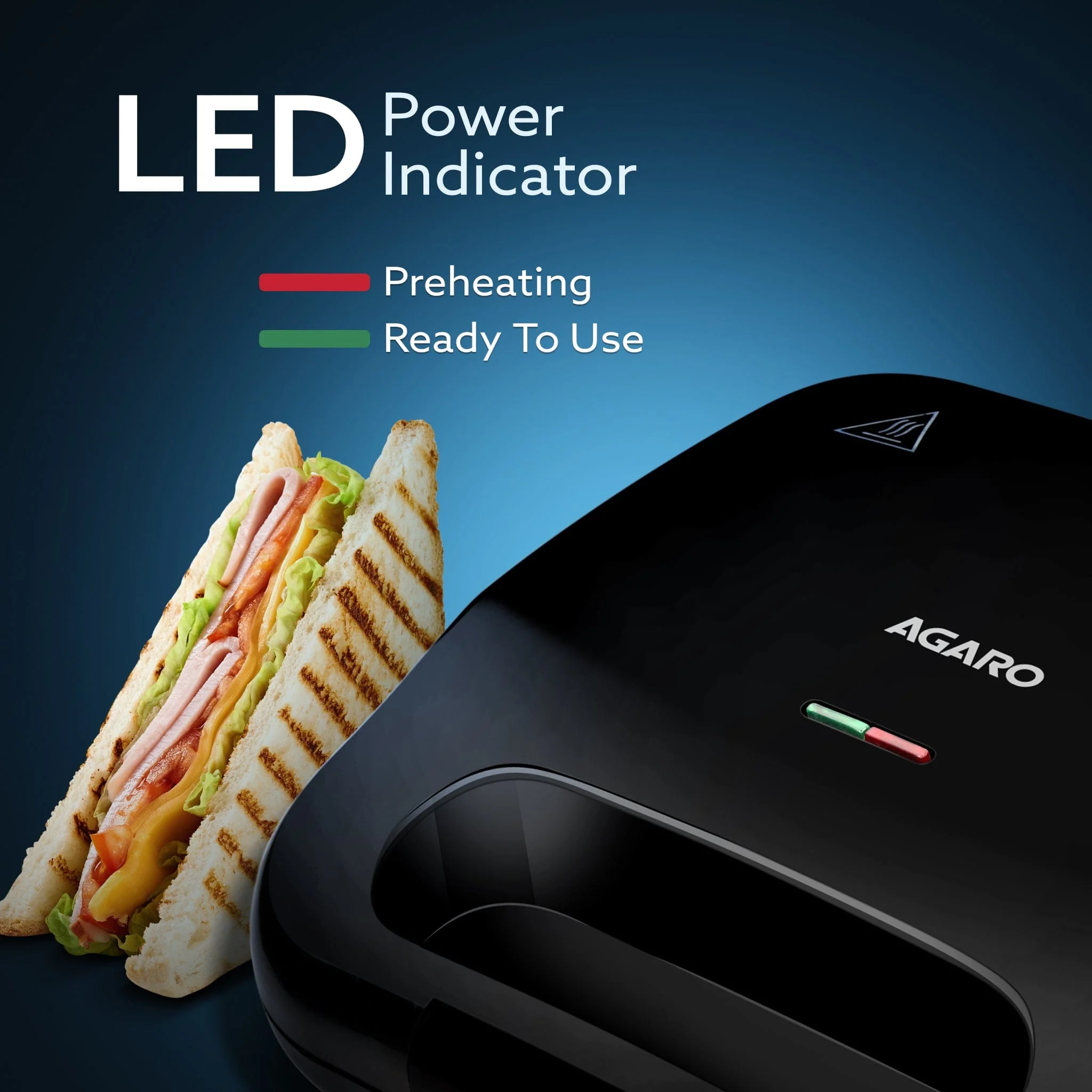 Primo Sandwich Maker, Non Stick Coated Grill Plates, 750W, 90 Degrees Openable Plate, Automatic Cut Off, LED Display, Black - Image 3
