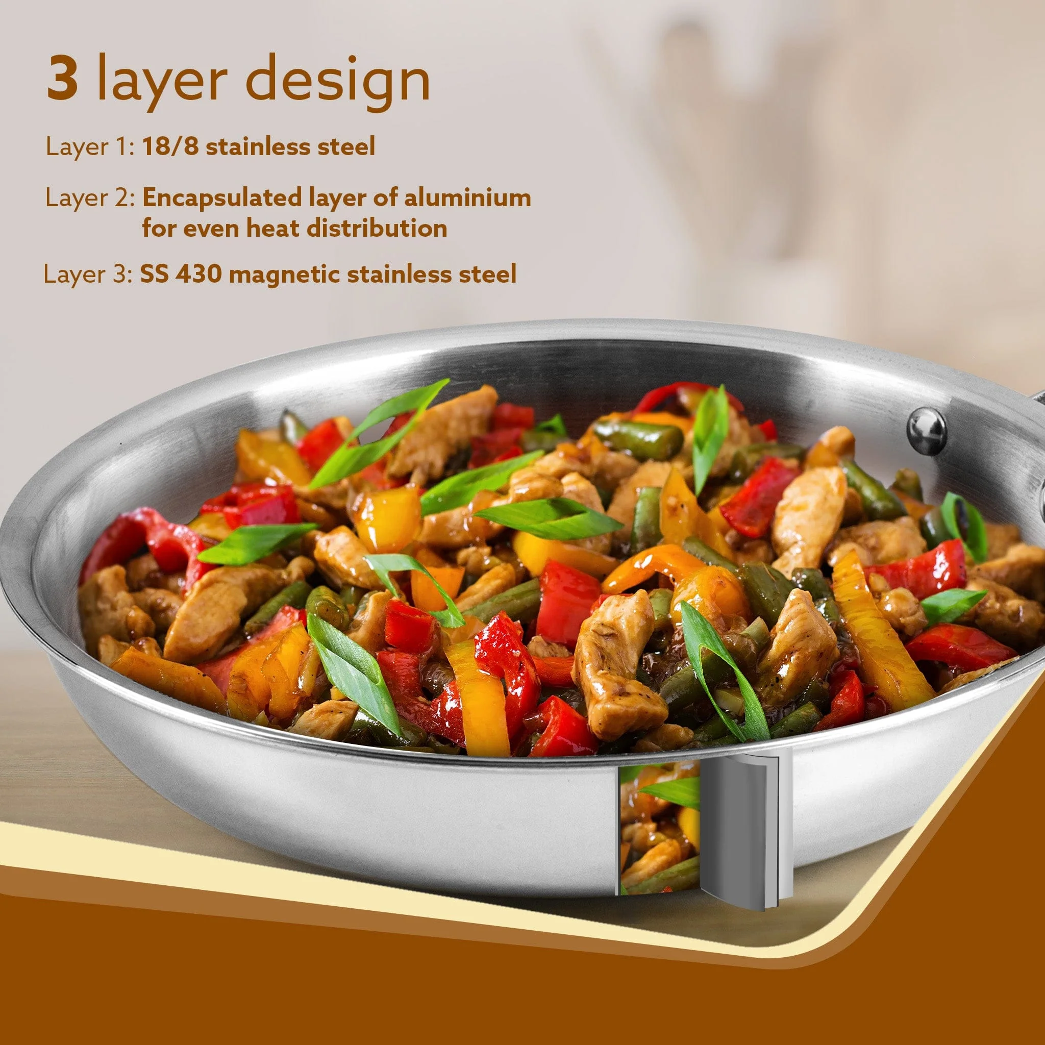 Regency Tri-Ply Steel Frying Pan , 1.5L Capacity, 24 cm Diameter, Stainless Steel, Riveted  Handle, Food Safe, Gas Oven and Induction Oven Compatible, Silver - Image 3