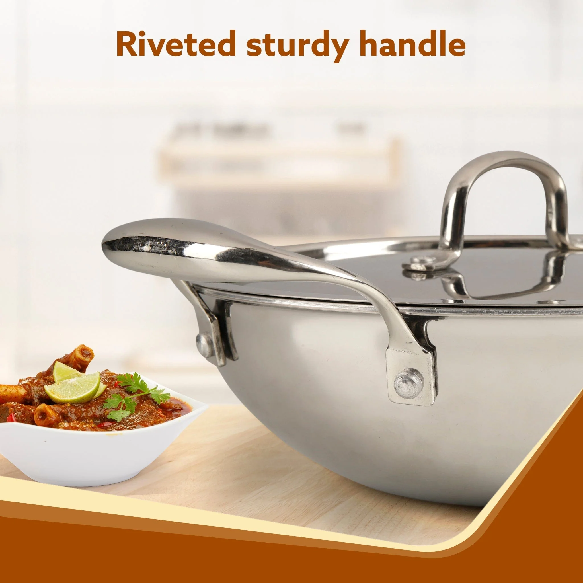 Regency Tri-Ply Steel Kadai, 2.75L Capacity, 26 cm Diameter, Stainless Steel, Riveted  Handle, Food Safe, Gas Oven and Induction Oven Compatible, Cooking, Frying, Serving, Silver - Image 4