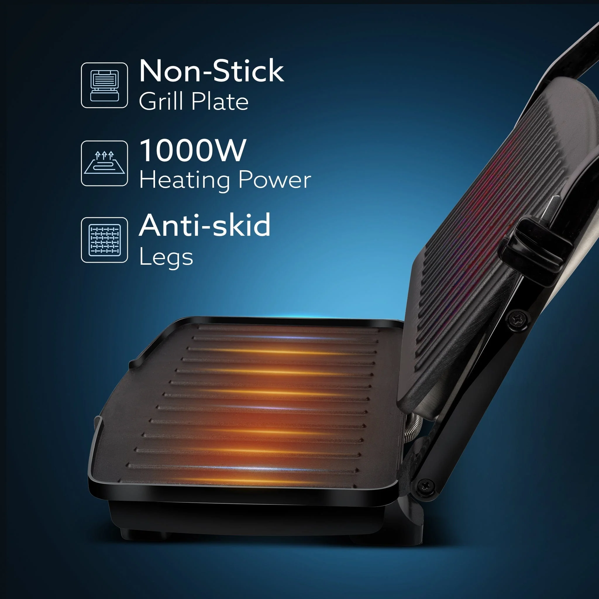 Royal Grill Sandwich Maker, Non Stick Coated Grill Plates, Stainless Steel Body, Oil Collector Tray, 1000W, 90 Degrees Floating Hinges, Panini/Grill/Toast (Black) - Image 11