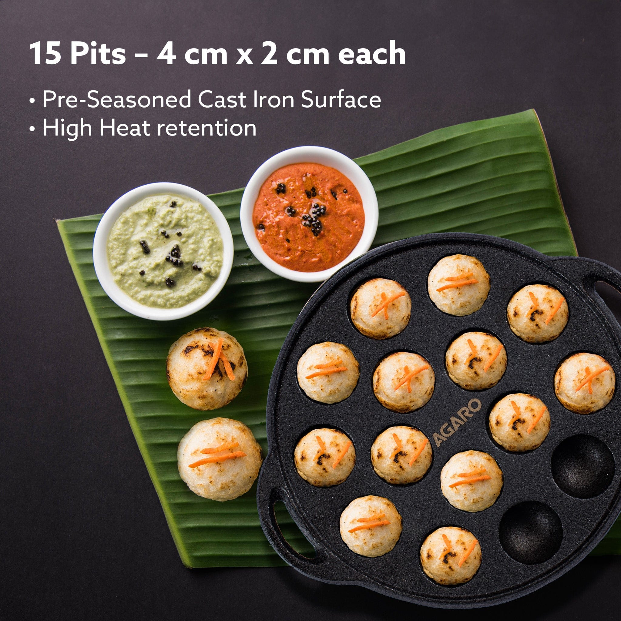 Royal Pre-Seasoned Cast Iron Paniyaram Pan, 15 pits (4cm x 2cm Each), No Chemical Coating, Rigid Handle, Fast Heating, Gas Oven Compatible, Appe, Gunta Ponganalu, Paddu, Kuzhi & Litti - Image 2