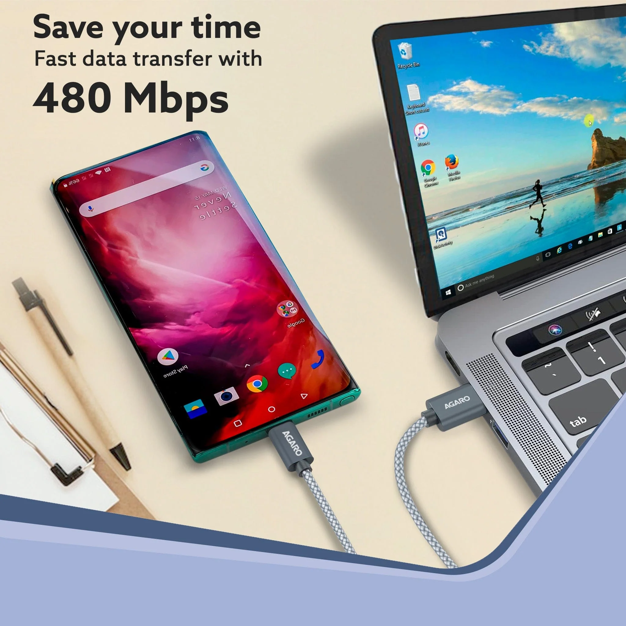 USB-A to Type C Cable, Nylon Braided Cable, 65W, 6A Fast Charging, Compatible with All Type C Devices Including Smartphones, Tablets, etc, Supports PD, 1.5M (4.9Ft), 480 Mbps Data Transmission - Image 3